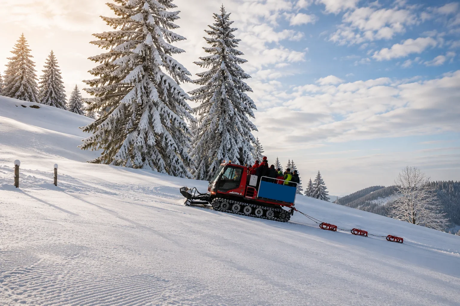 Abenteuerliche Pistenbully-Fahrt zur Krunkelbachhütte für Rodelspaß im Winter